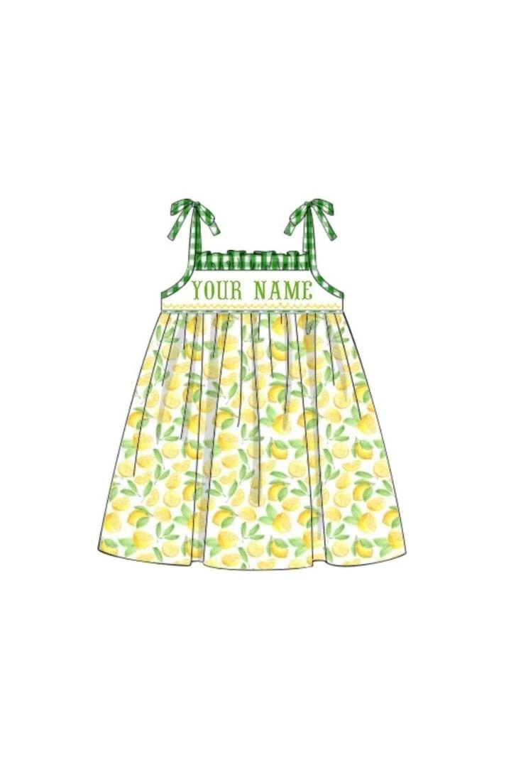 Pre-Order Hand Smocked Custom Name Lemon Gingham Dress | The Smocked Flamingo