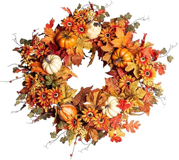 Artificial Fall Wreath,22" Autumn Wreath for Front Door with Big Pumpkins and Orange Daisy Flower... | Amazon (US)