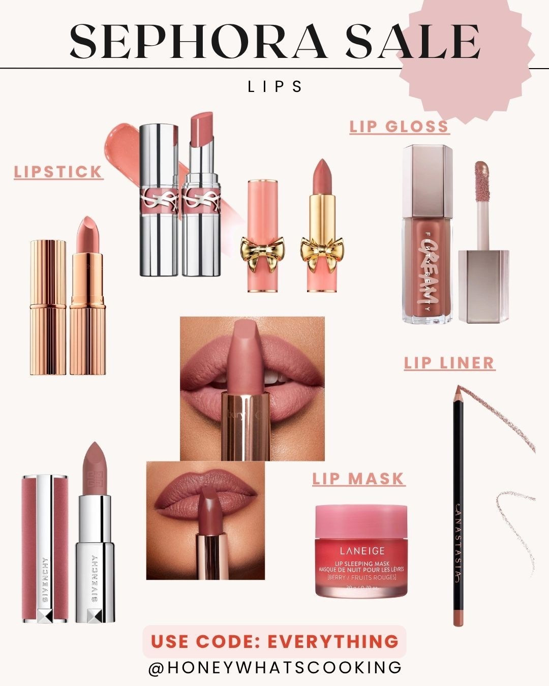 Sephora sale 2025. Use code: EVERYTHINGG

New favorite - ysl lip shine in shade 150. 

Charlotte Tilbury  - pillow talk regular, pillow talk medium, bitch Perfect.
Givenchy sheer velvet - 10 beige nu.
Fenty gloss - gloss bomb rose nude/mauve wives 
Pat McGrath  - Venusian peach
Laneige lip mask
Lip liners - Anastasia Beverly Hills deep nude

#LTKfindsunder50 #LTKsalealert #sephorasale #besutysale 