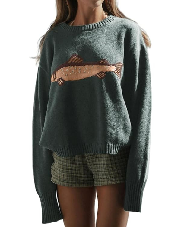 CHARTOU Women Fashion Crew Neck Rib Knit Crucian Carp Graphic Oversized Y2k Pullover Sweater Jump... | Amazon (US)