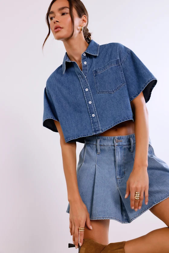 Ensured Cuteness Medium Wash Denim Button-Up Collared Top | Lulus
