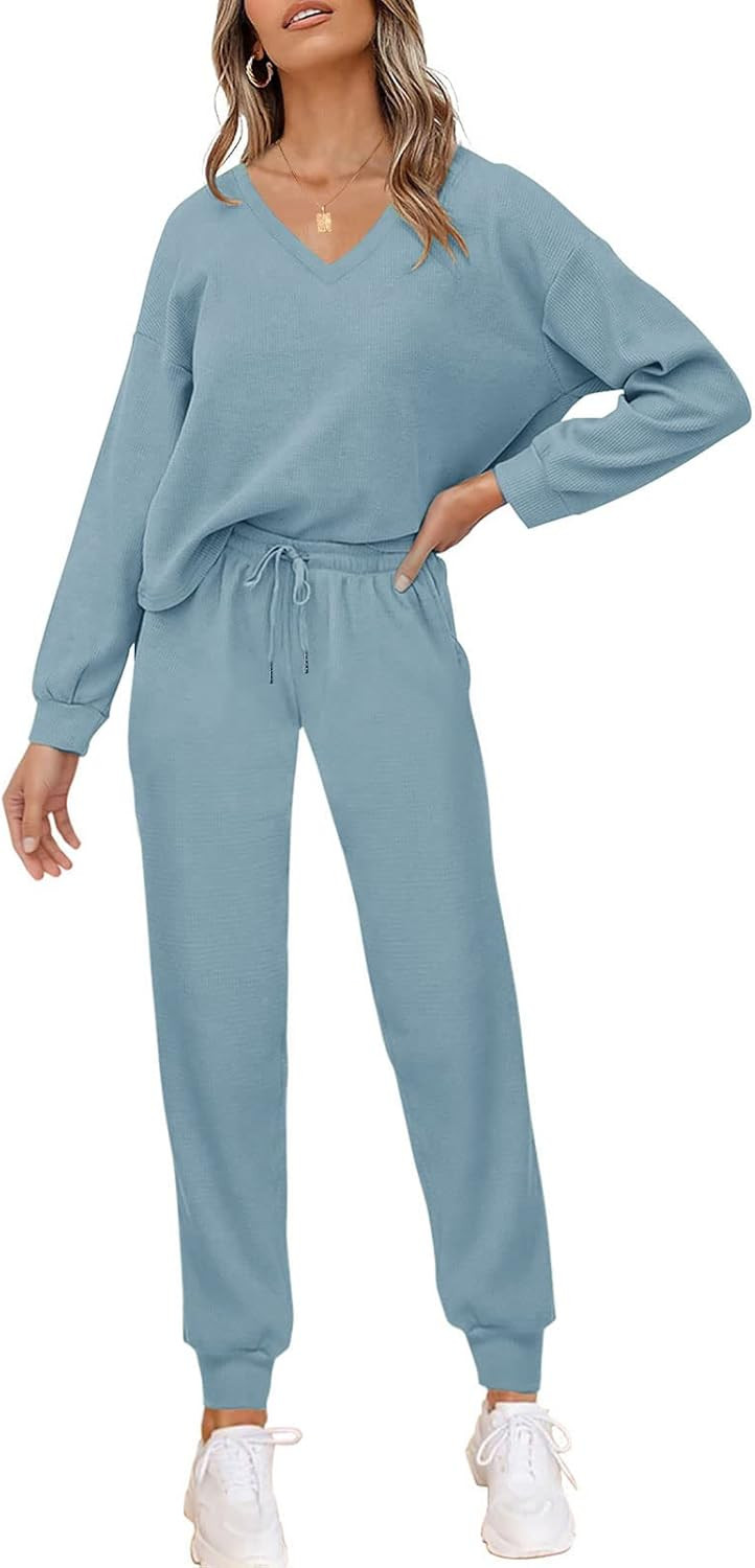 PIIRESO Women's V Neck Waffle Knit 2 Piece Outfits Long Sleeve Top and Pants Loungewear Jogger Se... | Amazon (US)
