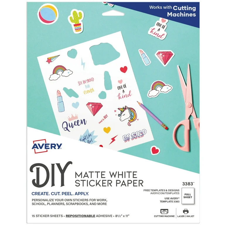 Avery Sticker Paper, 8.5" x 11", Matte White, 15 Sheets (3383) | Walmart (US)