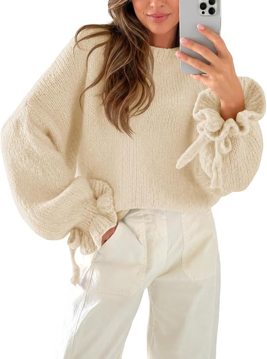 Saodimallsu Womens Ruffle Sleeve Sweater Oversized Chunky Fall Pullover Top | Amazon (US)