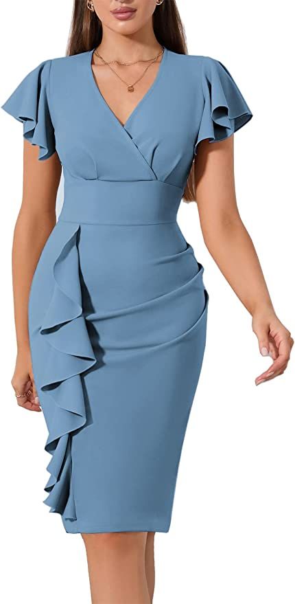 CHICCLOTH Women's Ruffled Sleeves V Neck Midi Formal Party Dress Sheath Pencil Cocktail Dresses | Amazon (US)