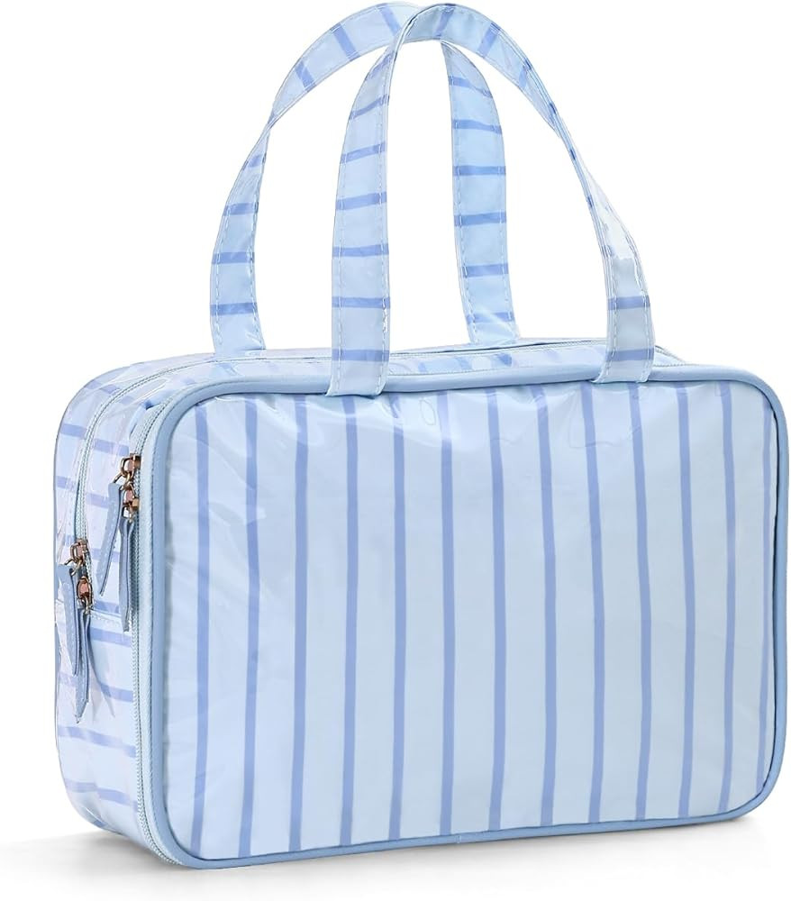 Travel Toiletry Bag for Women, Waterproof Clear Coated Portable Stripe Makeup Cosmetic Bag with C... | Amazon (US)