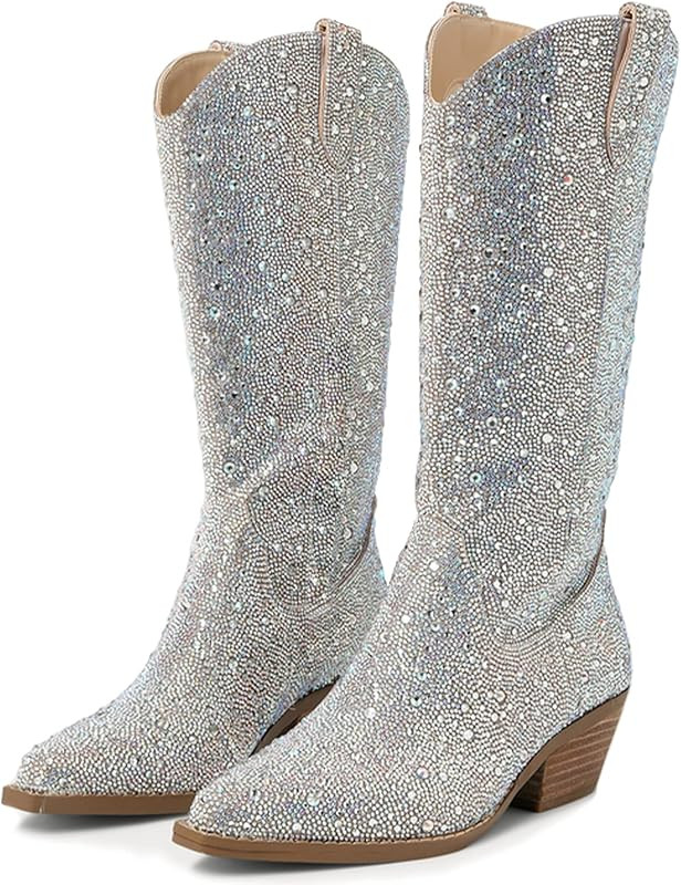 MUCCCUTE Women's Rhinestone Mid Calf Boots Sparkly Block Heel Cowboy Boots Glitter Boots | Amazon (US)