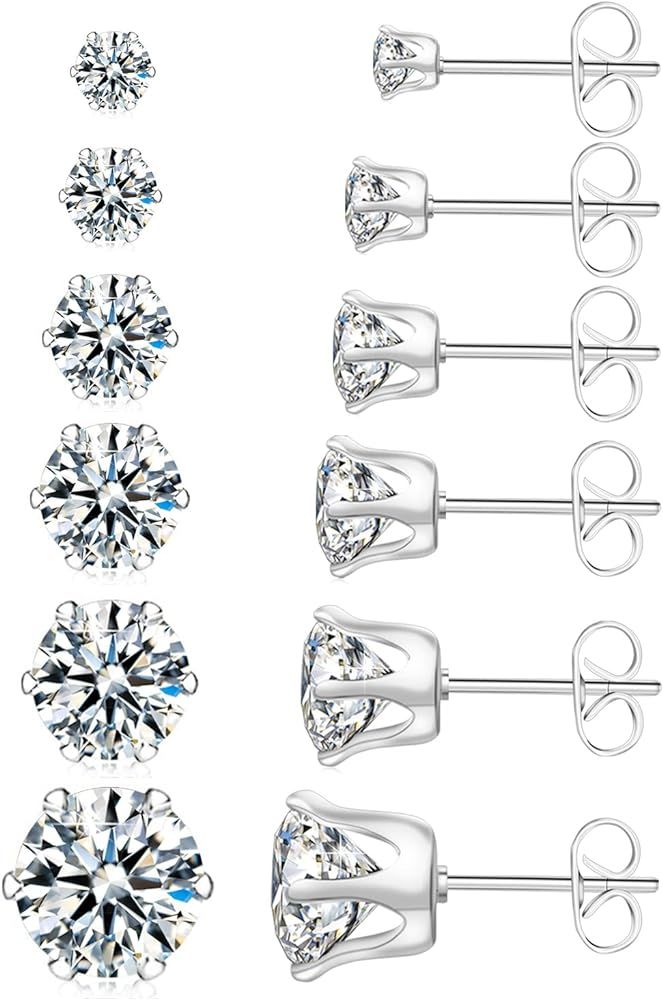 UHIBROS 6 Pairs Stainless Steel Stud Earrings Set Hypoallergenic Cubic Zirconia 14K White Gold 31... | Amazon (US)