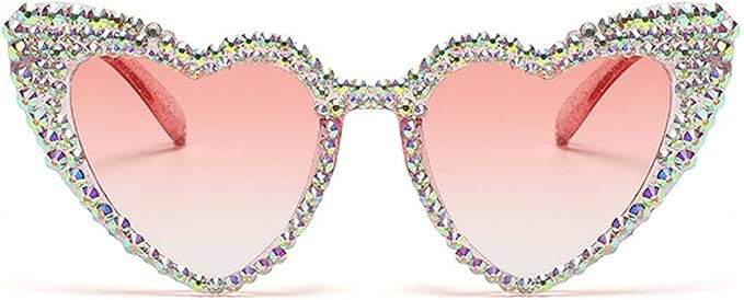 mincl Cute Women Heart Sunglasses Fashion Shiny Bling Diamond Sunglasses Polygonal Pink Rhineston... | Amazon (US)