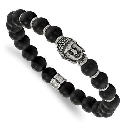 Chisel Stainless Steel Antiqued and Polished Buddha 8mm Black Agate Beaded Stretch Bracelet | Target