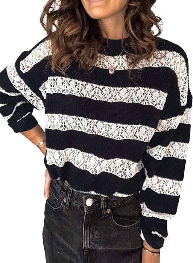 Sidefeel Women Striped Long Sleeve Drawstring Hem Color Block Knit Pullover Sweater Tops | Amazon (US)