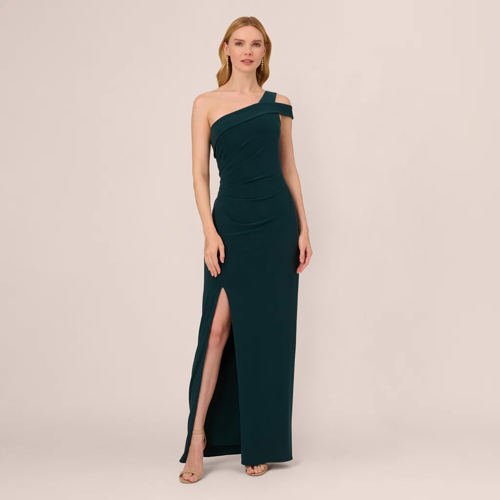 One Shoulder Column Gown With Cutout Shoulder In Hunter | Adrianna Papell