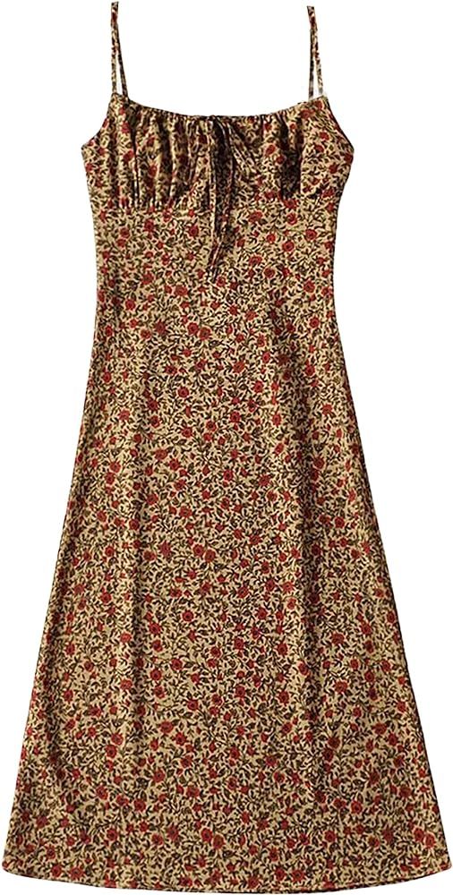 Omoone Women's Floral Dress Low-Cut Square Neck Spaghetti Strap Tie Bodycorn Dresses | Amazon (US)
