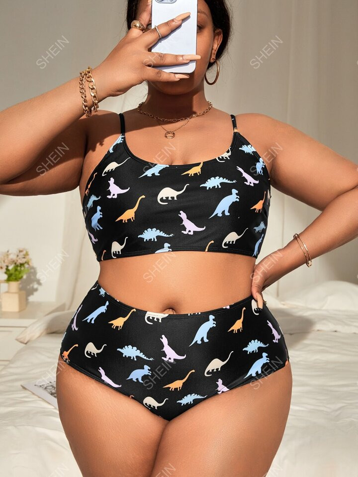 SHEIN Swim Curve Plus Dinosaur Print Bikini Set Adjustable Strap Cami Top & High Waisted Bottom 2... | SHEIN