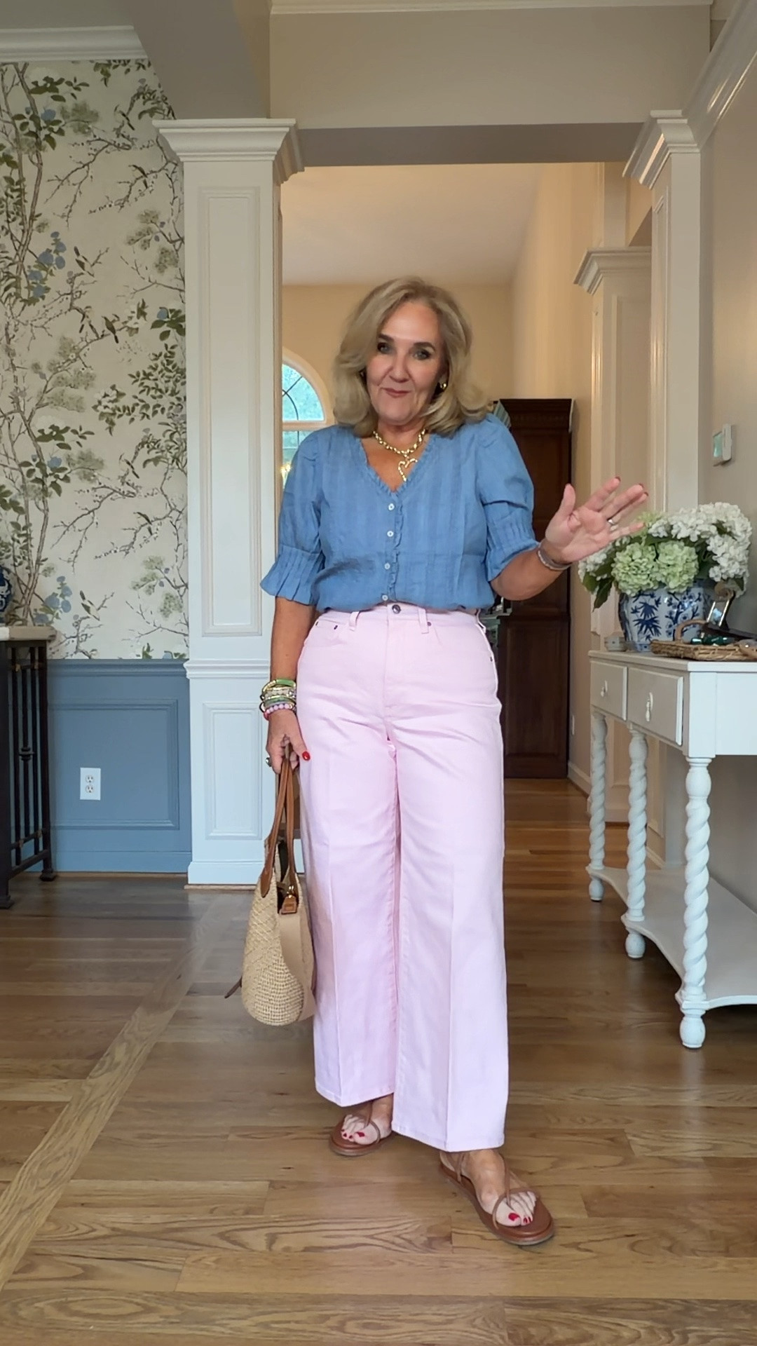 Jeans size 8
Top size small 40% off! 
10% off stacks on sale price of my Eric javits bag NANETTE 
necklace 30% off code SUMMER 



Pink jeans, Shambra shirt, casual summer outfit

#LTKOver40 #LTKSaleAlert #LTKootd
