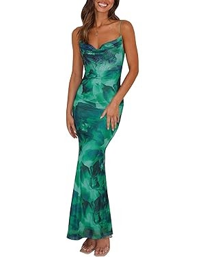 PRETTYGARDEN Sleeveless Summer Dresses for Women 2025 Floral Mesh Bodycon Maxi Dress Spaghetti St... | Amazon (US)