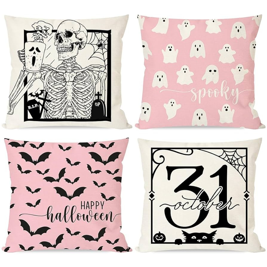 PANDICORN Pink Halloween Throw Pillow Covers 18x18 Set of 4 Skeleton Bats Black Cat Ghost Fall Ha... | Amazon (US)