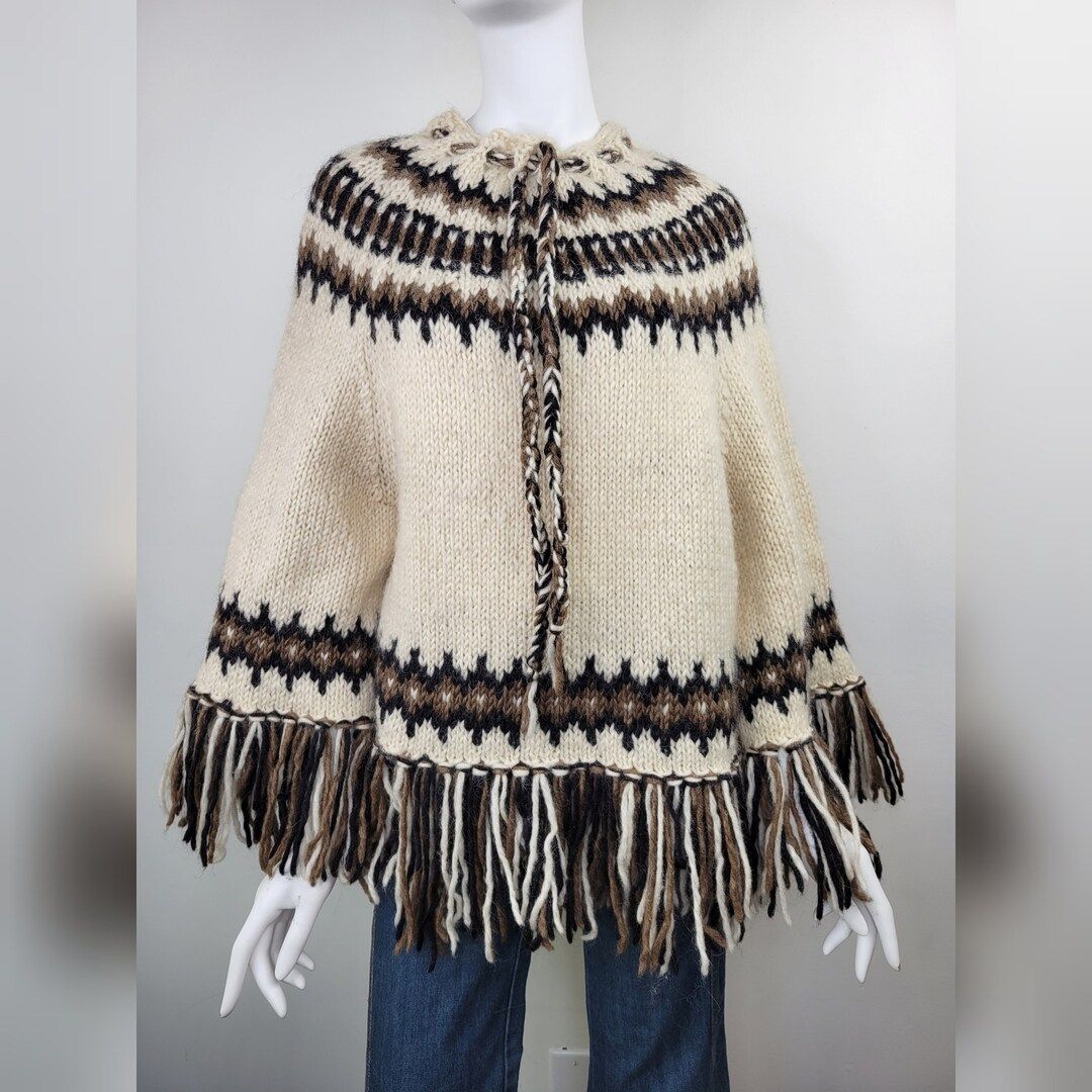 Vintage 1970s Mohair Wool Fringed Poncho With Sleeves Hand - Etsy | Etsy (US)