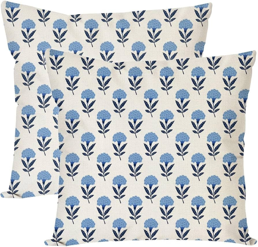 Block Print Throw Pillow Covers 18x18 Inch Set of 2 Vintage Blue Floral Boho Outdoor Farmhouse Sp... | Amazon (US)