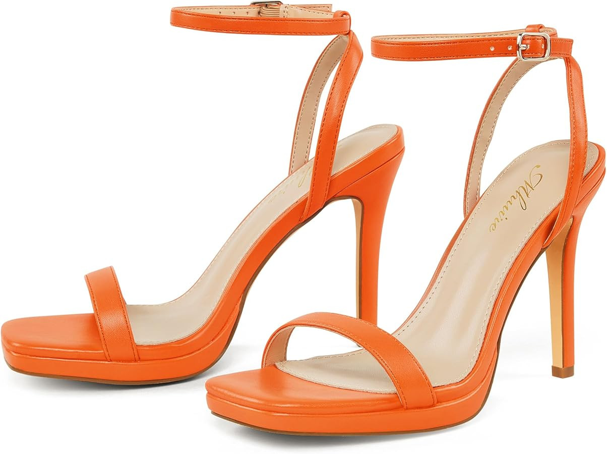 Women’s Stiletto Strappy Heeled Sandals, 4.3 Inch Square Open Toe Sexy High Heels Ankle Strap B... | Amazon (US)