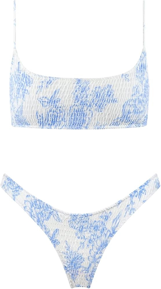 VOLAFA Women's Triangle Bikini Smocked Textured Scoop Frilled Print Ruched Elastic Swimsuit Two P... | Amazon (US)