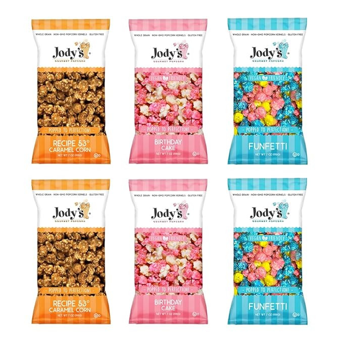 Jody’s Gourmet Popcorn 6-Pack Variety – 7oz Bags of Recipe 53 Caramel Corn x2, Birthday Cake ... | Amazon (US)