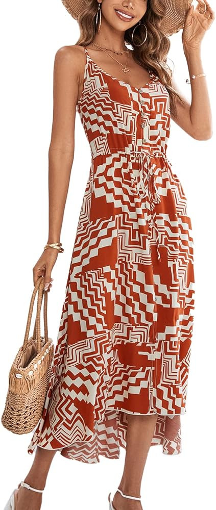 BROVAVE Women's 2025 Summer Casual Boho Sundress Polka Dot Spaghetti Strap V Neck Flowy Midi Dres... | Amazon (US)