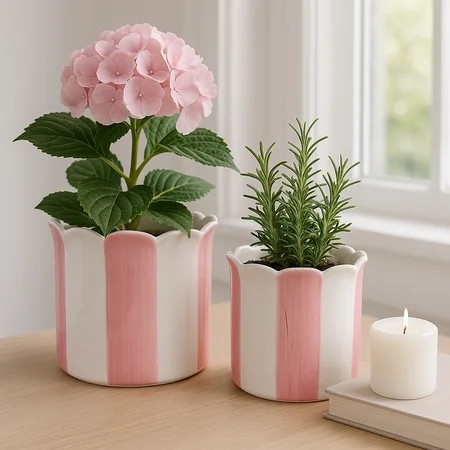 Ceramic Scalloped Striped Flower Pots for Home Decor - Decorative Planters for Indoor and Outdoor Plants - Plant Pots for Living Room and Garden Decor - Set of 2, 7", 6", Pink & White | Walmart (US)