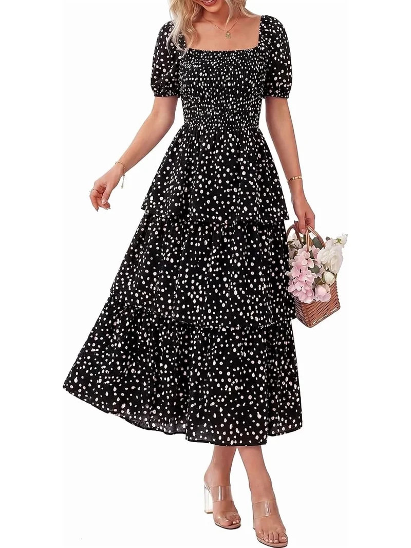 BTFBM Womens Square Neck Smocked Dress Summer Puff Short Sleeve Floral Casual Ruffle Tiered Maxi ... | Walmart (US)