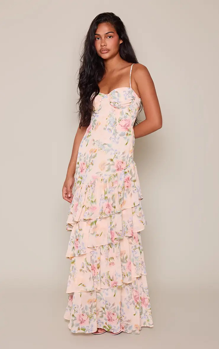Cream Floral Print Chiffon Frill Hem Maxi Dress | PrettyLittleThing UK