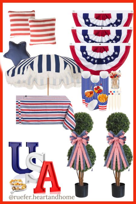 Outdoor red, white, and blue entertaining. 4th of July decor, Americana decor and entertaining, Stars and Stripes pillows, outdoor faux porch topiary, USA charcuterie serving trays, buntings, red white and blue outdoor tablecloth with umbrella hole, fringed patio umbrella, stripe outdoor umbrella 

#LTKhome #LTKsalealert #LTKSeasonal
