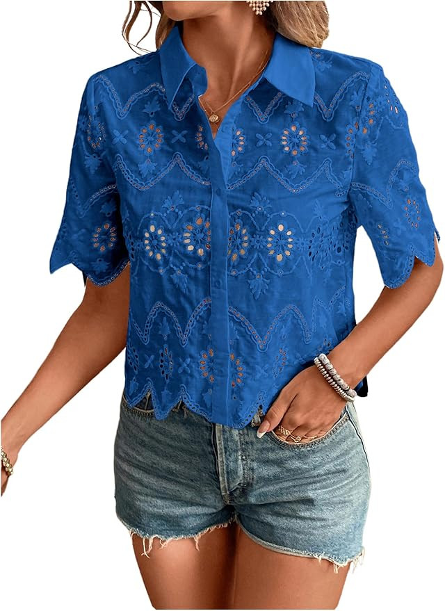 SweatyRocks Women's Short Sleeve Button Down Collared Blouses Embroidery Eyelet Top | Amazon (US)