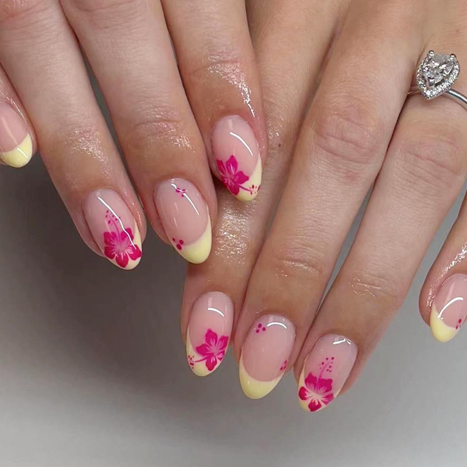 24Pcs French Tip Press on Nails Short Almond Fake Nails Pink Flower Nails Tips Yellow French Glue... | Amazon (US)