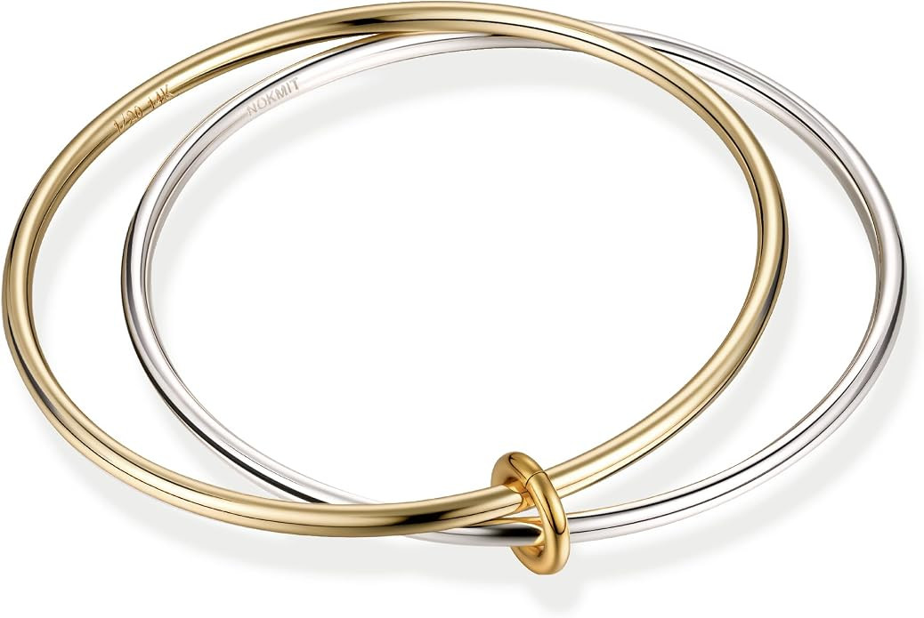 2PCS 14K Gold Silver Tone Stackable Bangle Bracelets for Women, High Polished Thin Plain Stainles... | Amazon (US)