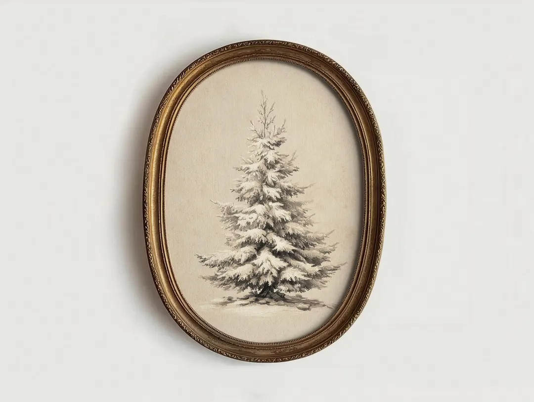 Pine Tree in the Snow, Snowy Tree, Winter Art, Vintage Art, Framed Artwork, Painting, Printable (... | Etsy (US)