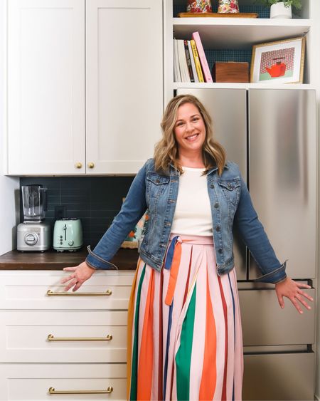 Our Butler’s pantry is done! I’ve also linked my outfit for you. The skirt isn’t available on LTK, but I’ve linked similar options. If you want a link to this exact skirt, DM me on Instagram! Colorful skirt, rainbow skirt, pleated skirt, denim jacket, white tank top, refrigerator, blue toaster, colorful art, Butler’s pantry, brass hardware 

#LTKhome #LTKunder100 #LTKSeasonal
