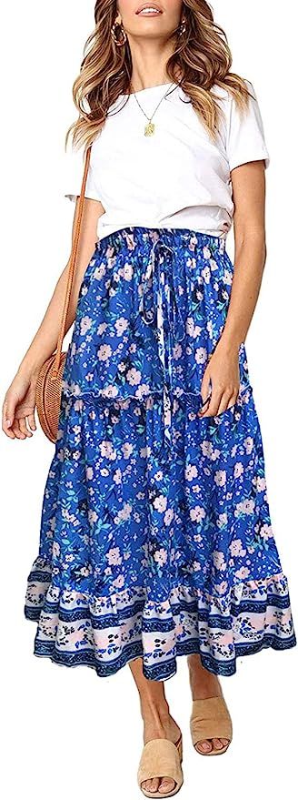 ZESICA Women's Bohemian Floral Printed Elastic Waist A Line Maxi Skirt with Pockets | Amazon (US)