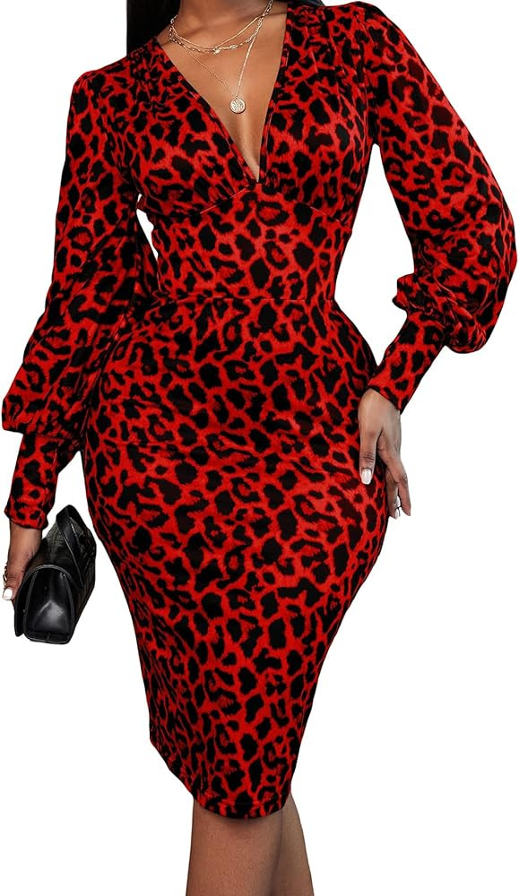 Floerns Women's Leopard Print V Neck Lantern Sleeve Bodycon Dress | Amazon (US)