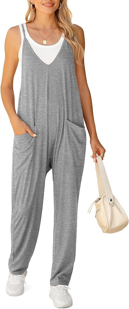 LILBETTER Women's Loose Casual V Neck Sleeveless Jumpsuits Adjustable Spaghetti Straps Long Pants... | Amazon (US)