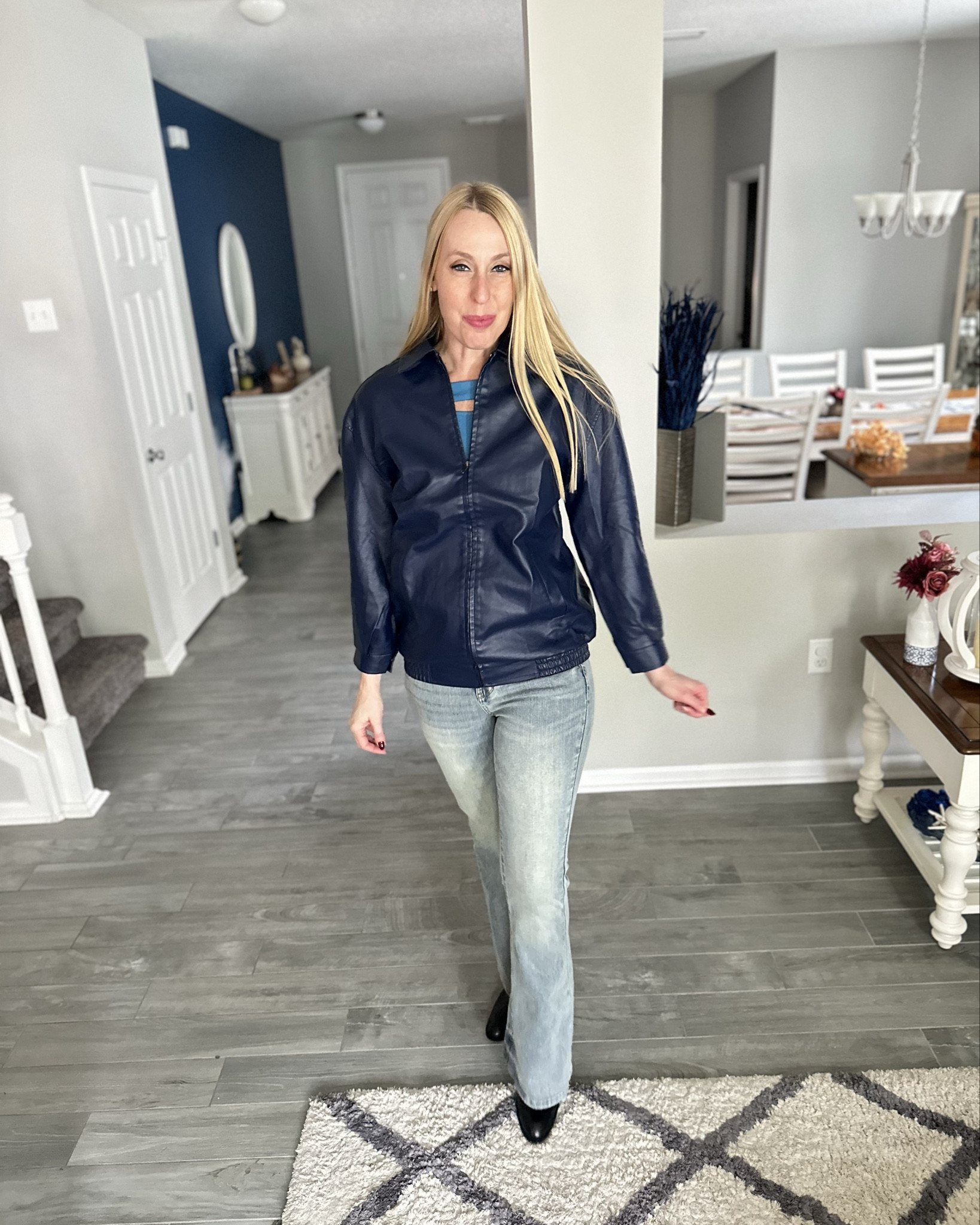 Navy blue faux leather bomber jacket 
💙 it is oversized fit but fits true to size 
💙 nice and warm, perfect for fall weatherr

#LTKFindsUnder50 #LTKStyleTip #LTKFindsUnder100
