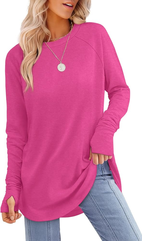 XIEERDUO Womens Tunic Tops to Wear with Leggings Long Sleeve Thumb Hole Shirts Crew Neck Curved H... | Amazon (US)