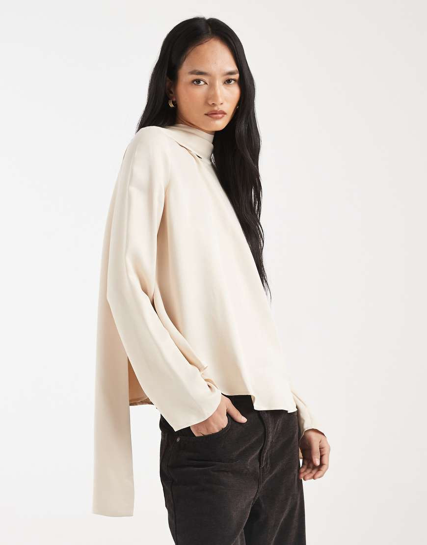 ASOS DESIGN satin blouse with scarf in ecru-White | ASOS (Global)