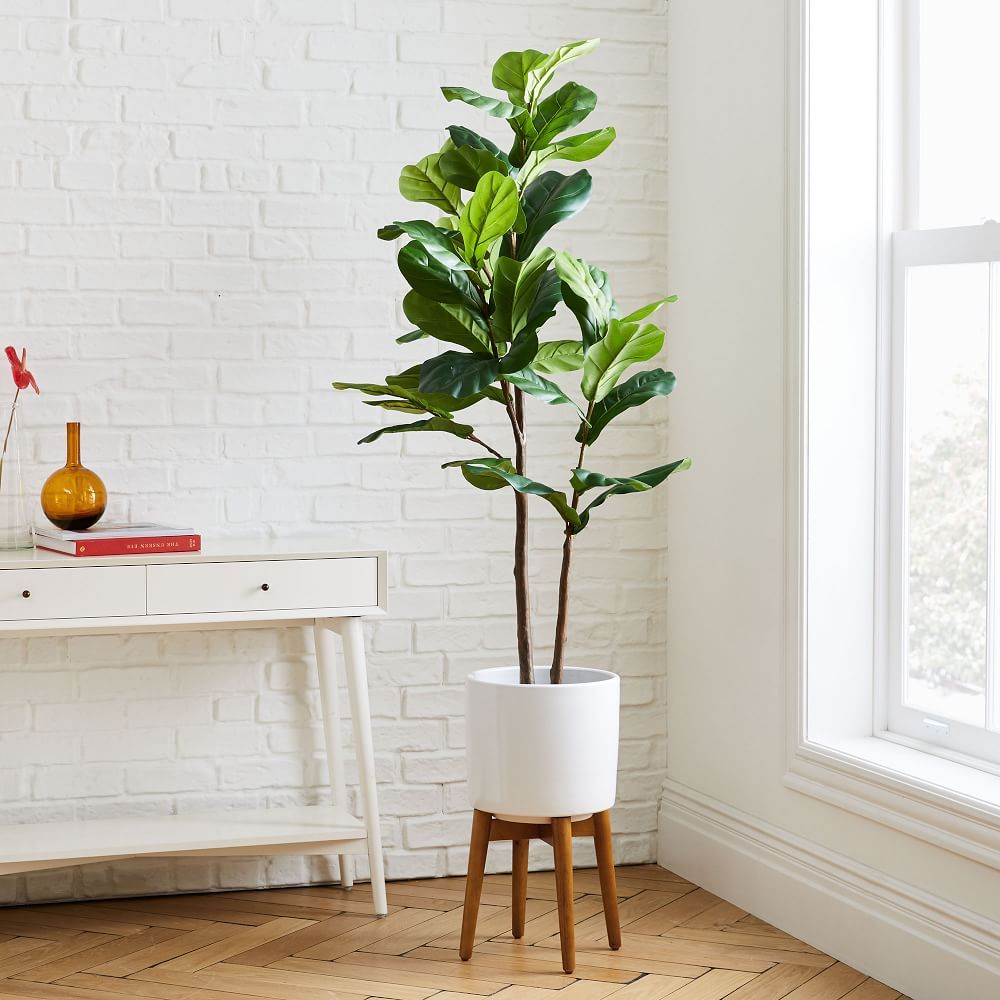 5' Faux Fiddle Leaf Fig Tree & Tall Mid-Century Turned Wood Leg Planter Set | West Elm (US)