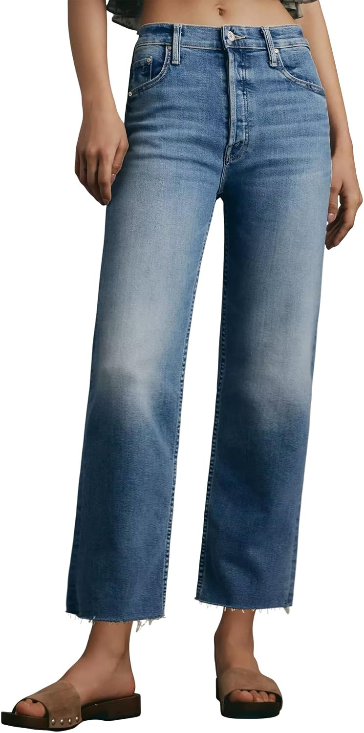 Allimy Womens Tummy Control High Waisted Straight Leg Jeans Stretchy Raw Hem Cropped Denim Pants | Amazon (US)