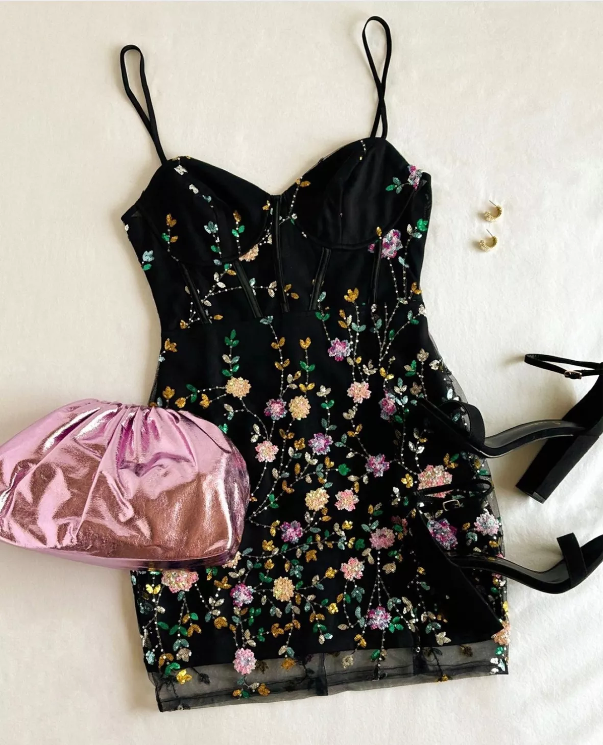 Black Floral Embroidered Bustier Strappy Midi Dress