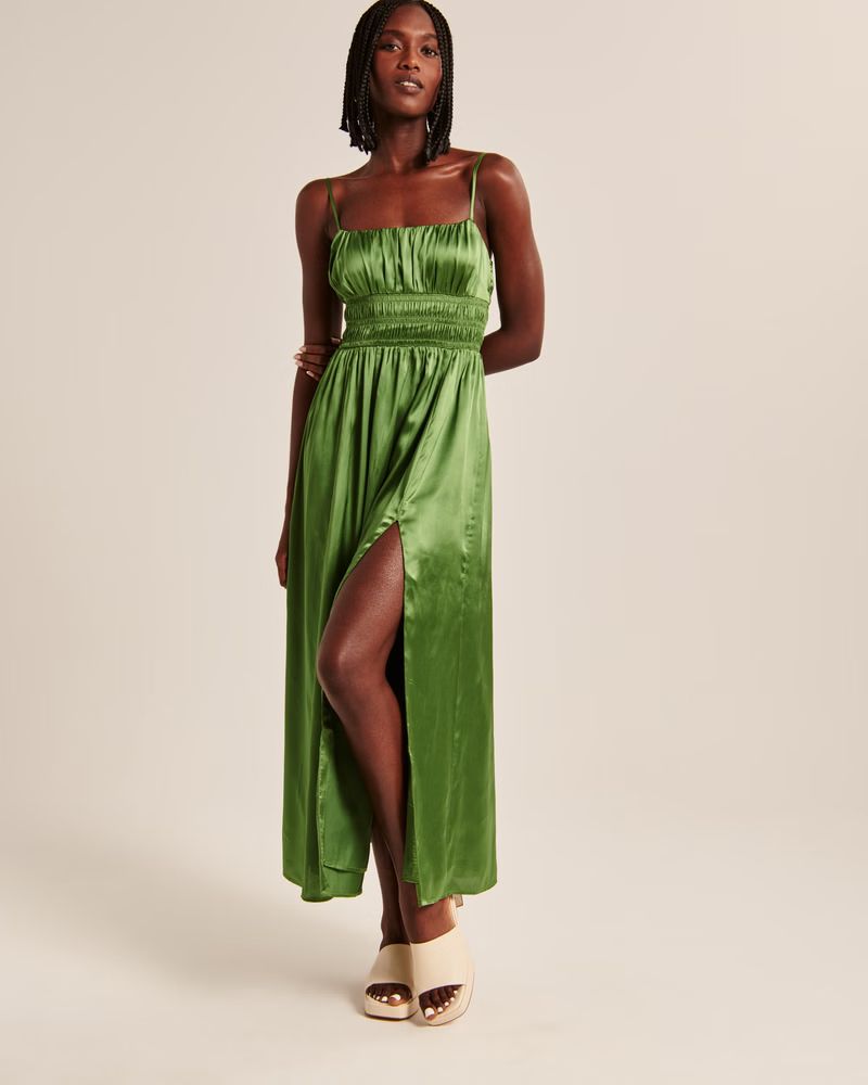 Women's Smocked Bodice Satin Maxi Dress | Women's New Arrivals | Abercrombie.com | Abercrombie & Fitch (US)