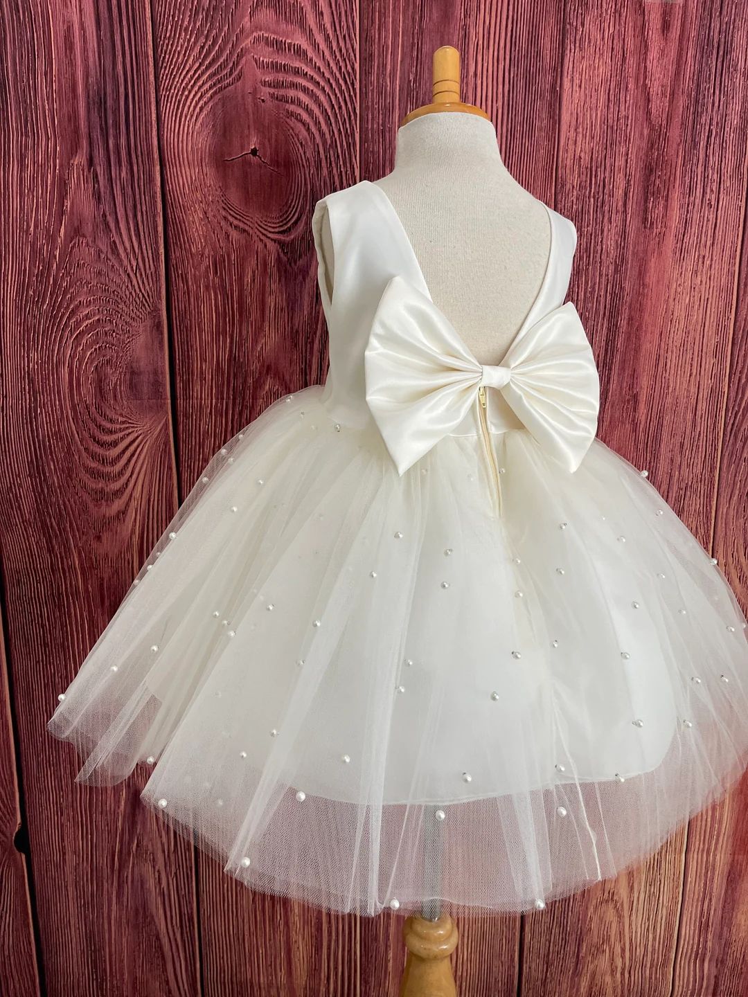 Ivory 4 Layer Pearl Tulle V-back Knee Length Wedding Flower Girl Summer Easter Elegant Birthday P... | Etsy (US)