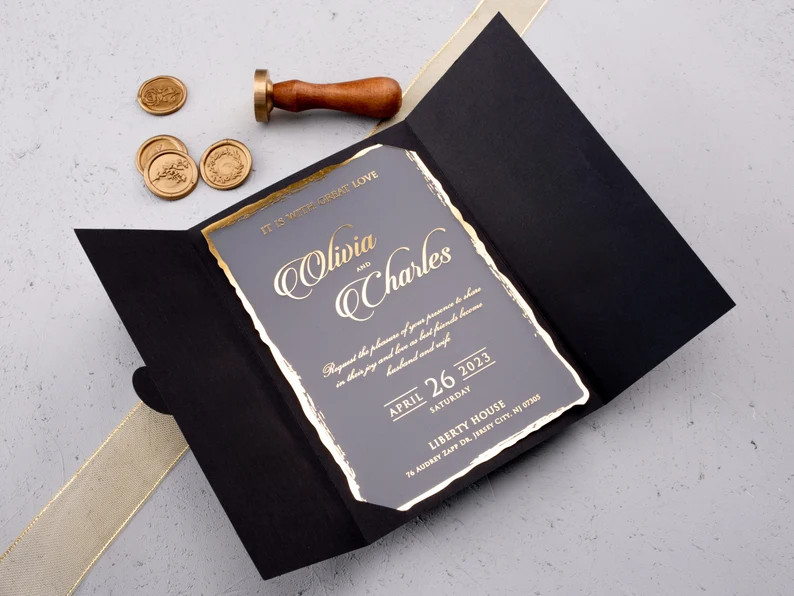 Luxury Black Acrylic Wedding Invitation, Gold Foil Gate Fold Invite, Modern Calligraphy, QR Code ... | Etsy (Global)