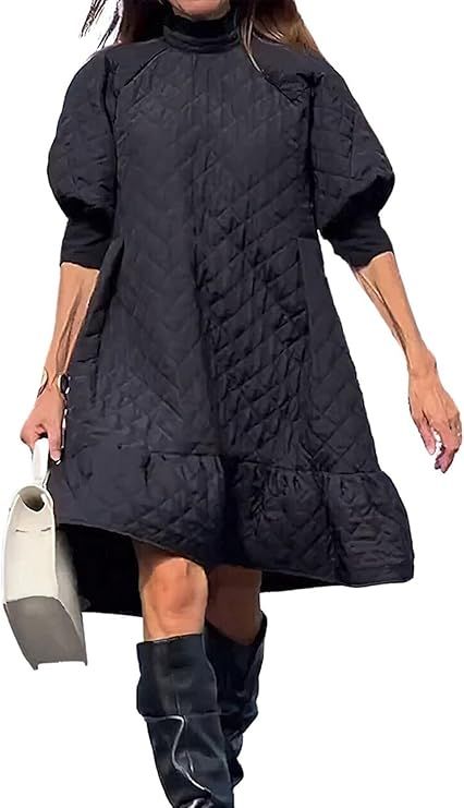 chouyatou Women's Winter Puff Sleeve Quilted Babydoll Dress Flounce Hem Midi Padded Quilted Dress | Amazon (US)