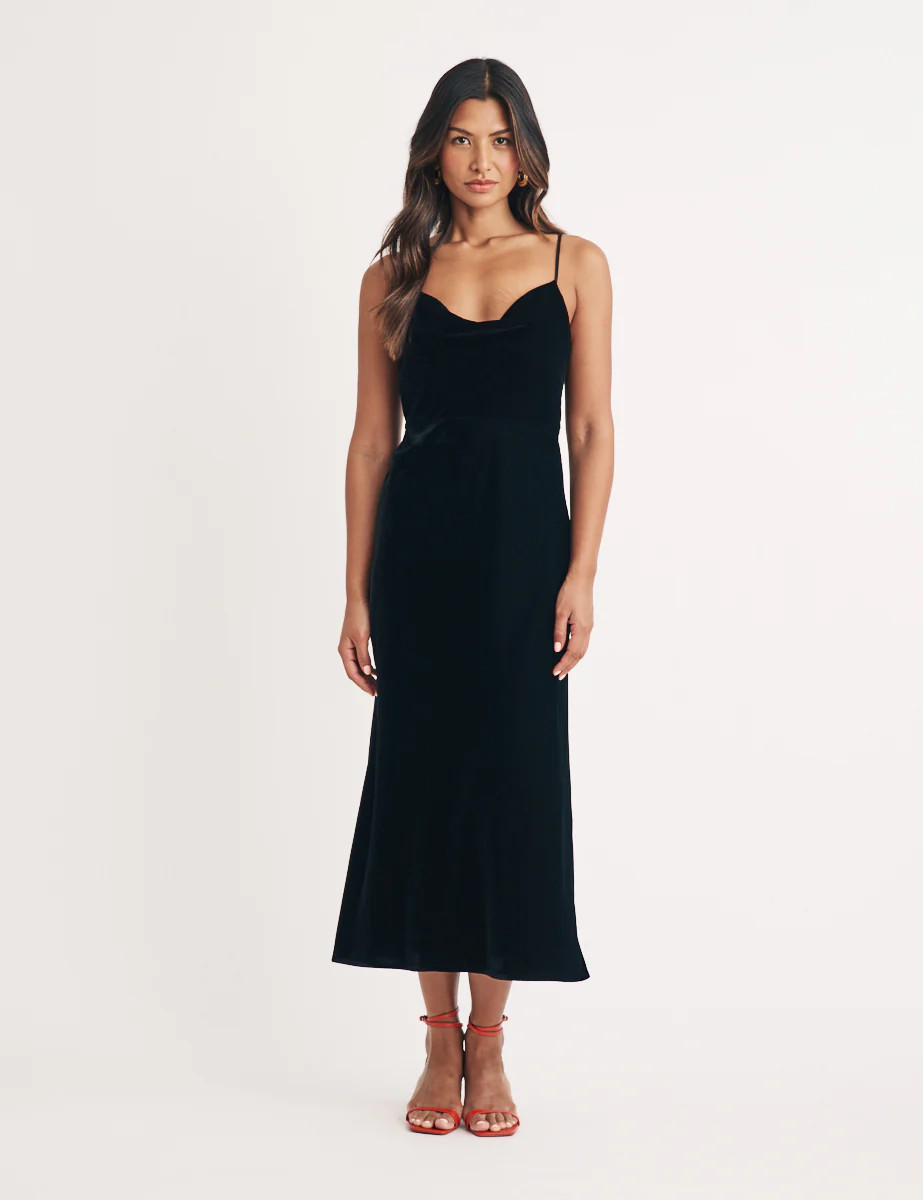 Black Velvet Cowl Neck Trixie Midi Dress | Nobody's Child